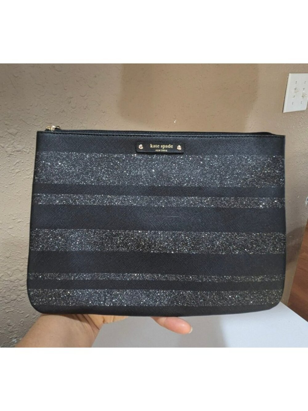 Kate Spade Gia Haven Lane Clutch Pouch Black Glitter Stripe WLRU3221